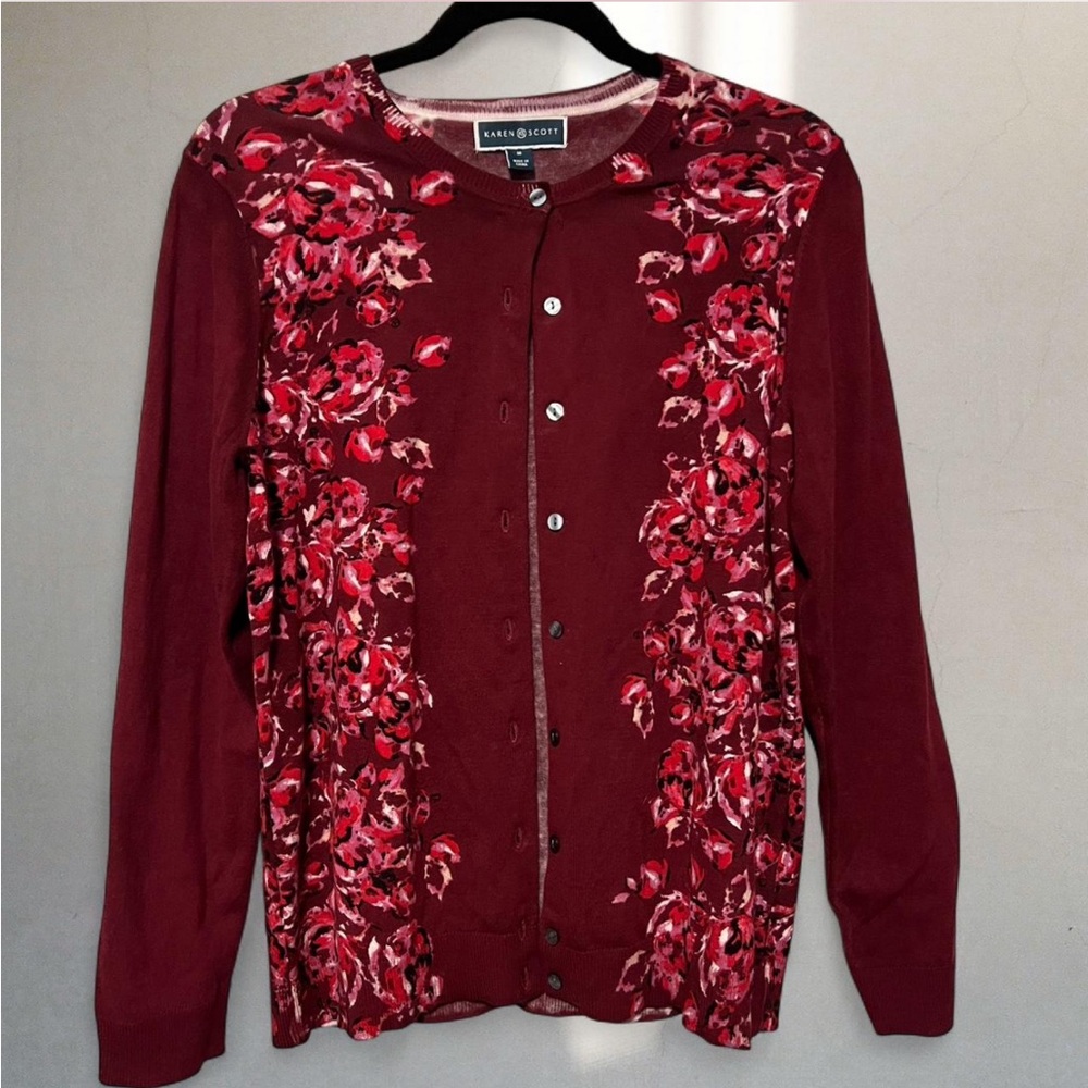 Karen Scott Burgundy Floral Cardigan